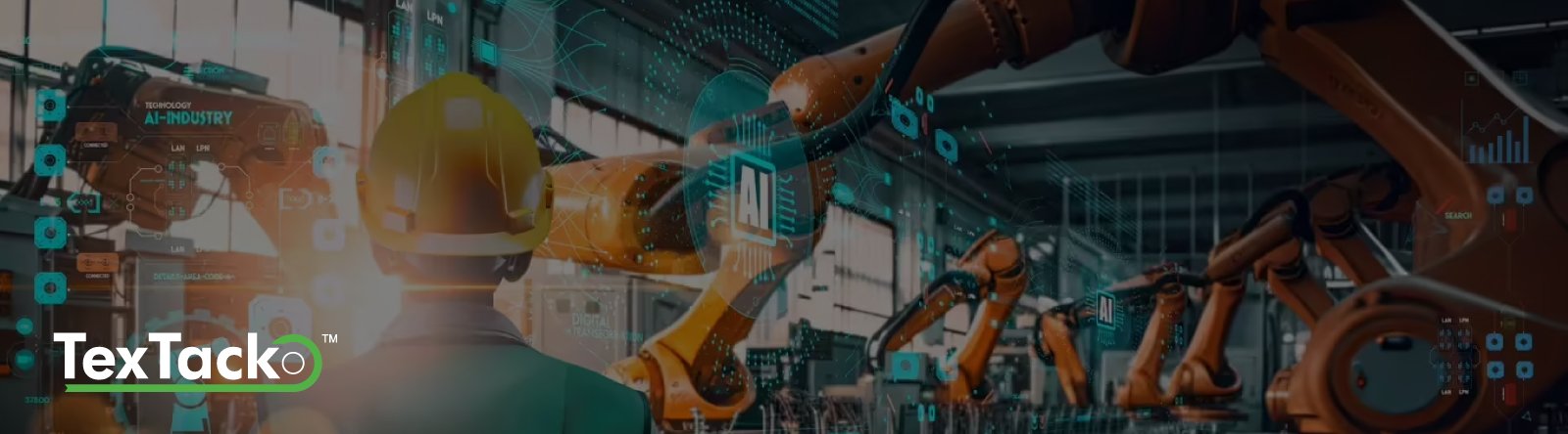 Industrial worker monitoring robotic arms with AI overlay