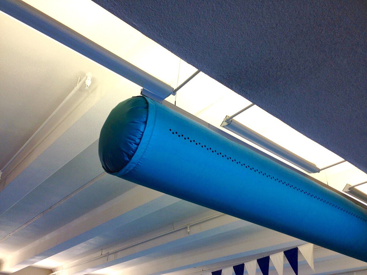 Blue cylindrical ceiling sound baffle