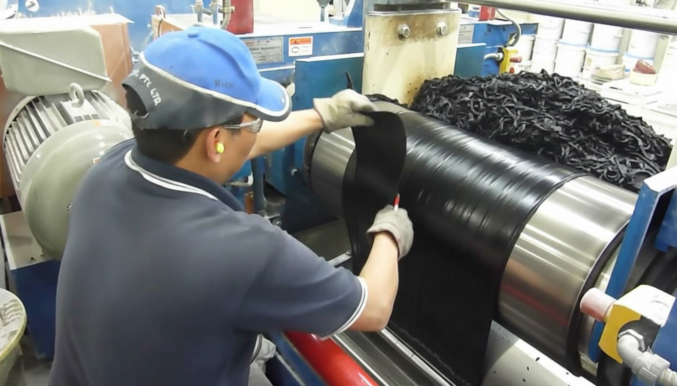 Worker processing rubber sheet machine