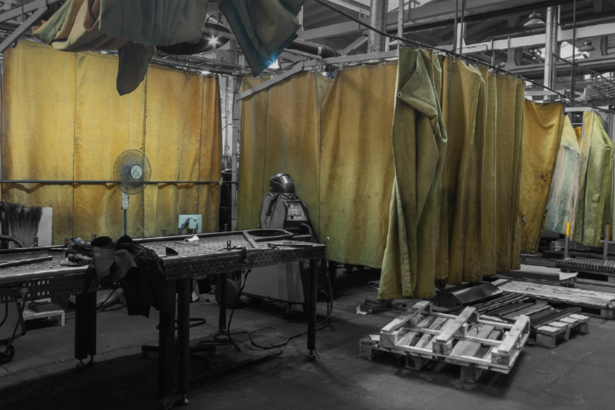 Yellow welding curtains in industrial workshop